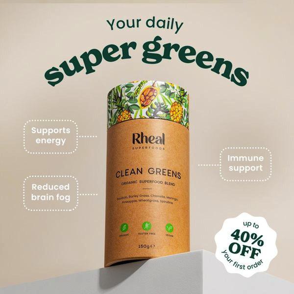 A clean, minimalist 1:1 square ad for a super greens supplement that explicitly maps product ingredients to consumer health benefits.